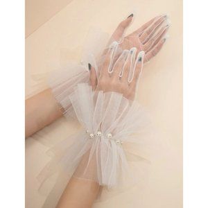 WHITE Ruffle Faux Pearl Wedding Bridal Gloves